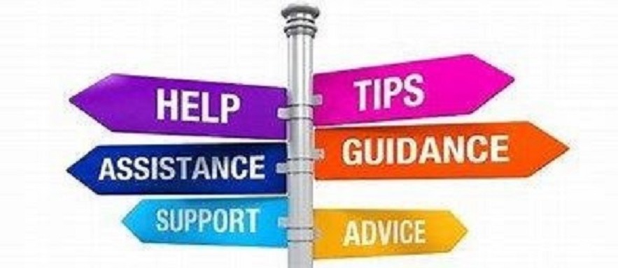 Sign post with arrows showing ways to Tips, Help, Guidance, Assistance, Support and Advice